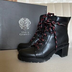 Vince Camuto Black Leather Lace-Up Heeled Combat Boots